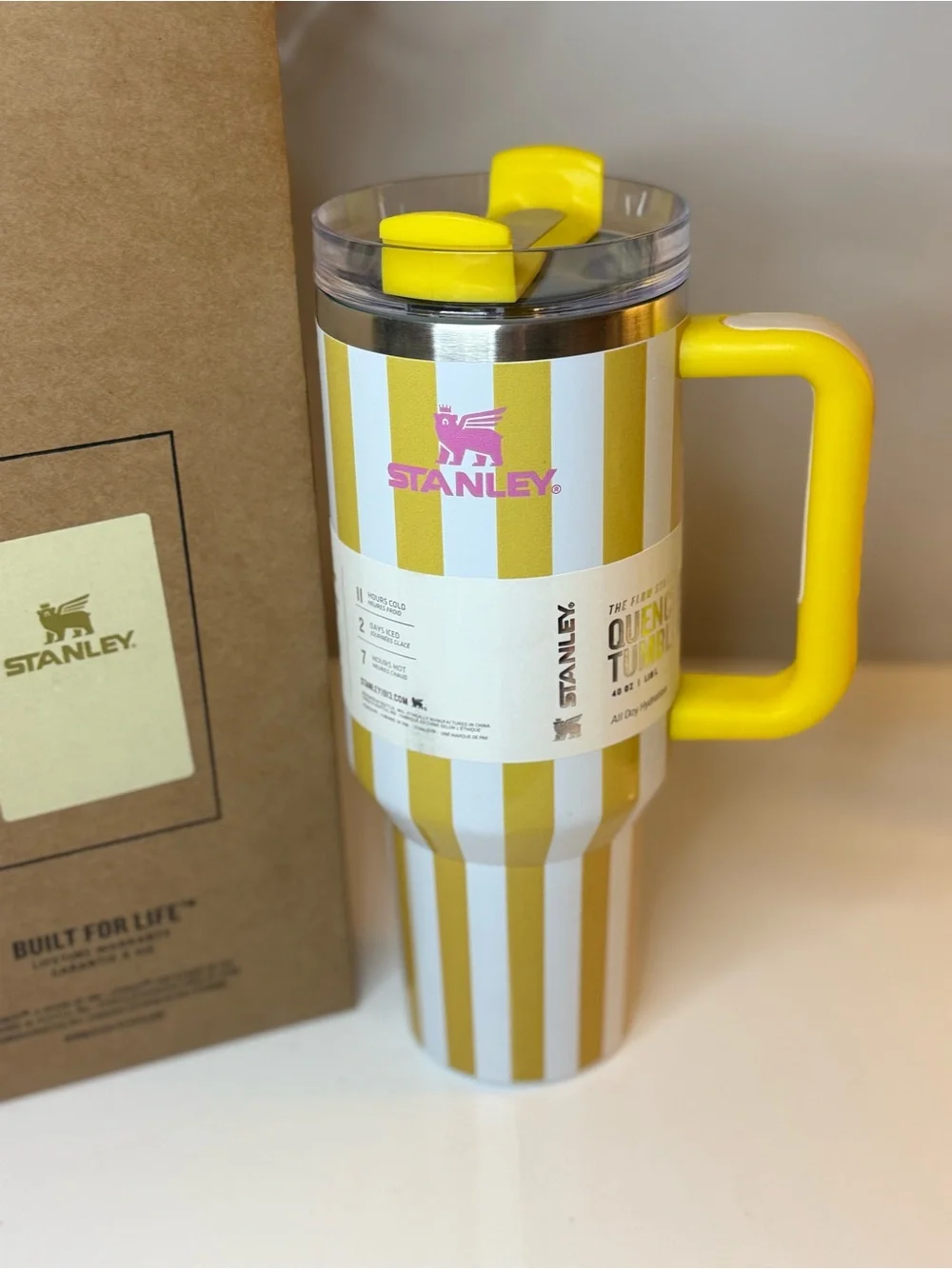 New! Stanley Quencher Yellow & White Striped Tumbler with Handle 40 OZ - Picture 4 of 10